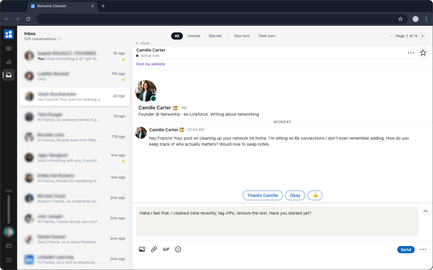Conversation list side by side with the embedded LinkedIn message thread