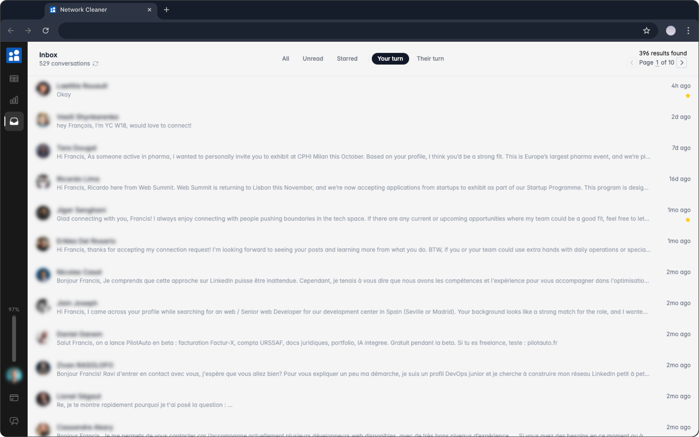 Inbox filtered by 'Your turn', showing conversations waiting on a reply